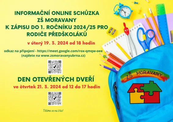 Informační online schůzka ZŠ Moravany k zápisu do 1. ročníku 2024/25 