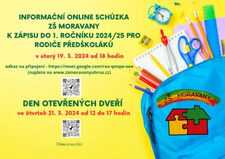 Informační online schůzka ZŠ Moravany k zápisu do 1. ročníku 2024/25 
