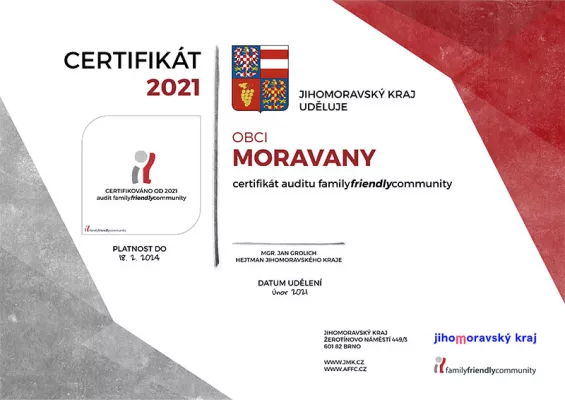 Certifikát Auditu Family Friendly Community pro Moravany u Brna